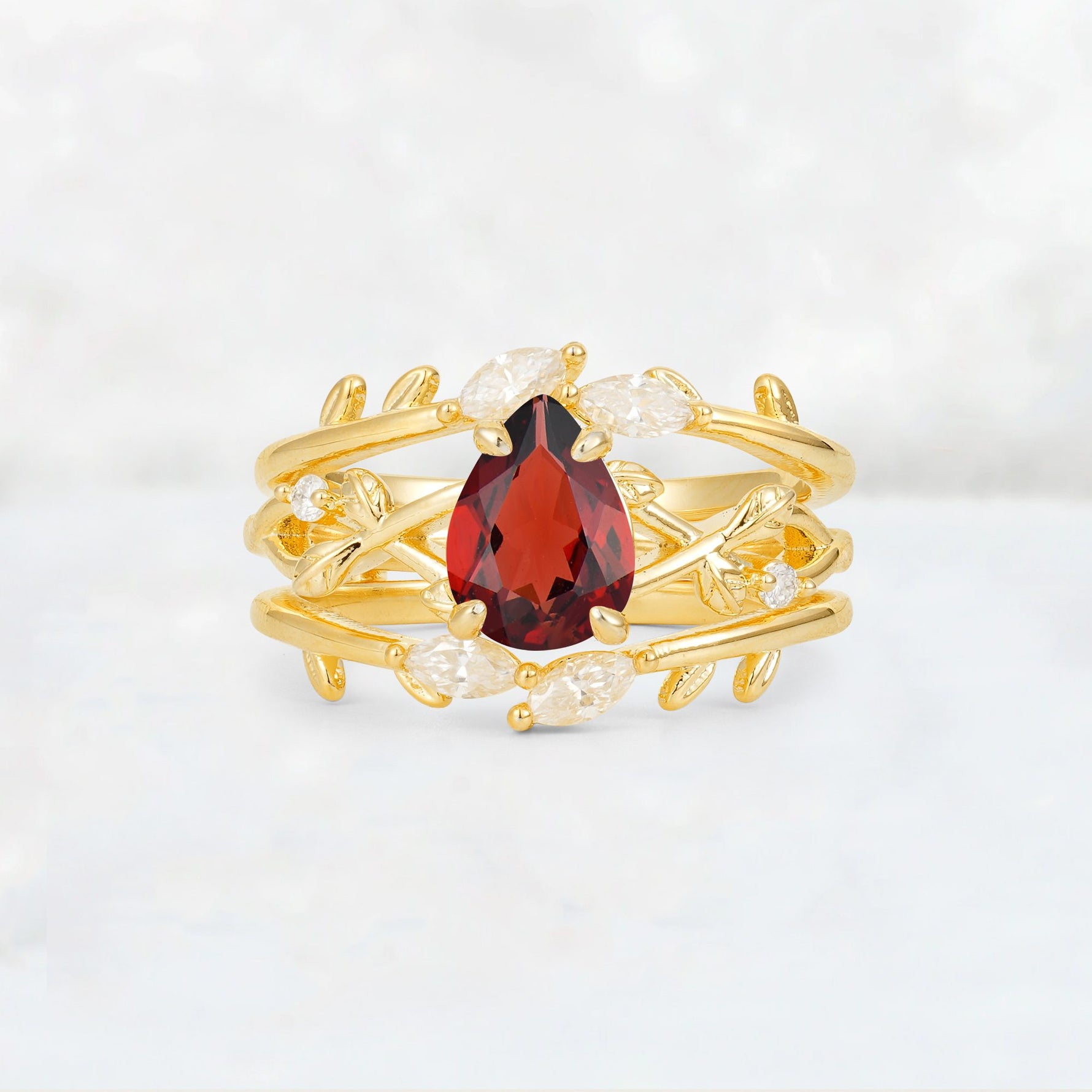 Pear Cut Garnet Leaf Vine Bridal Ring Set - Yellow-Gold