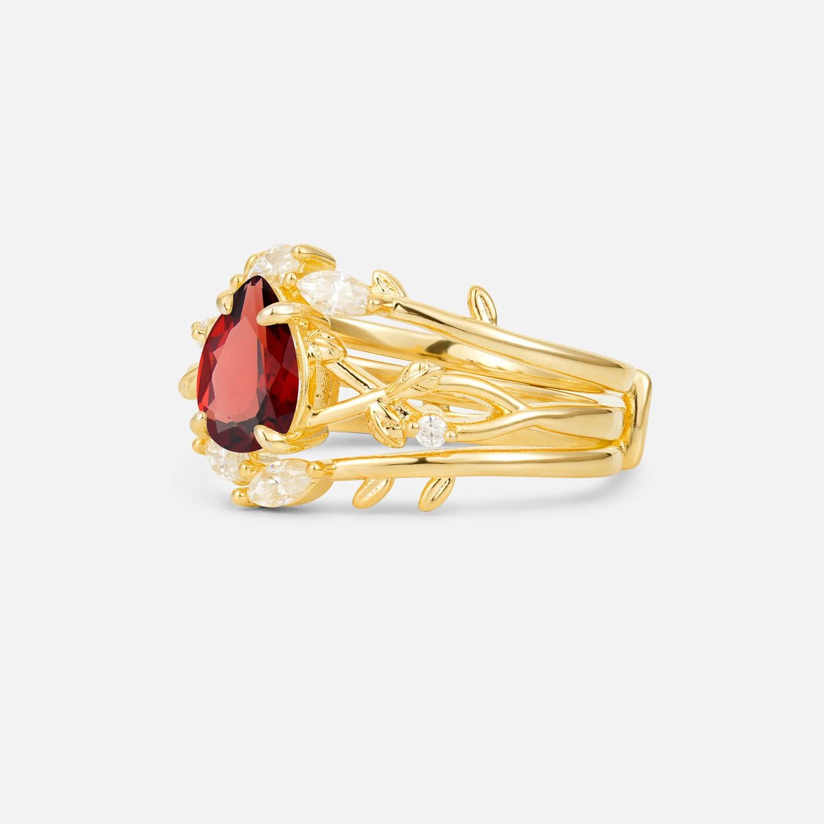 Pear Cut Garnet Leaf Vine Bridal Ring Set - Rose-Gold
