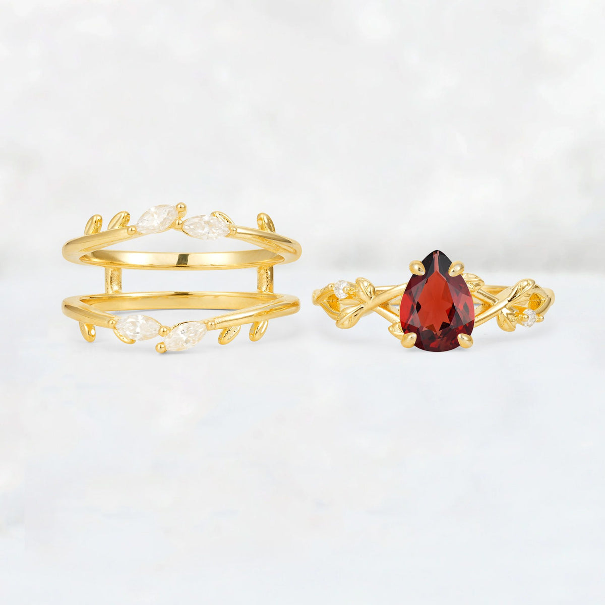Pear Cut Garnet Leaf Vine Bridal Ring Set - White-Gold