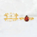 Pear Cut Garnet Leaf Vine Bridal Ring Set - White-Gold