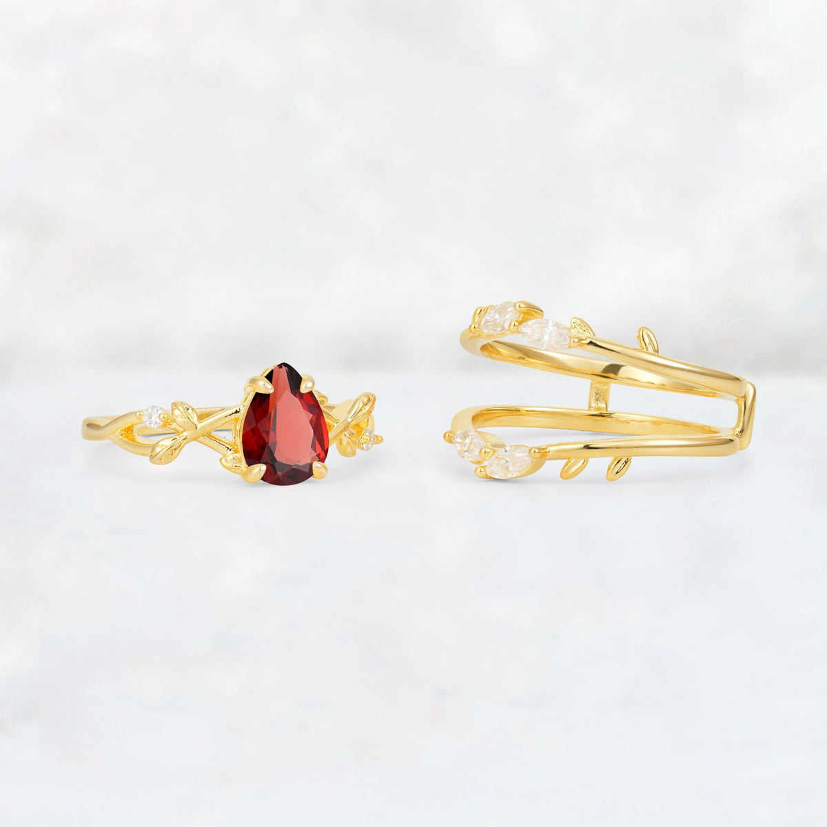 Pear Cut Garnet Leaf Vine Bridal Ring Set - Additional view