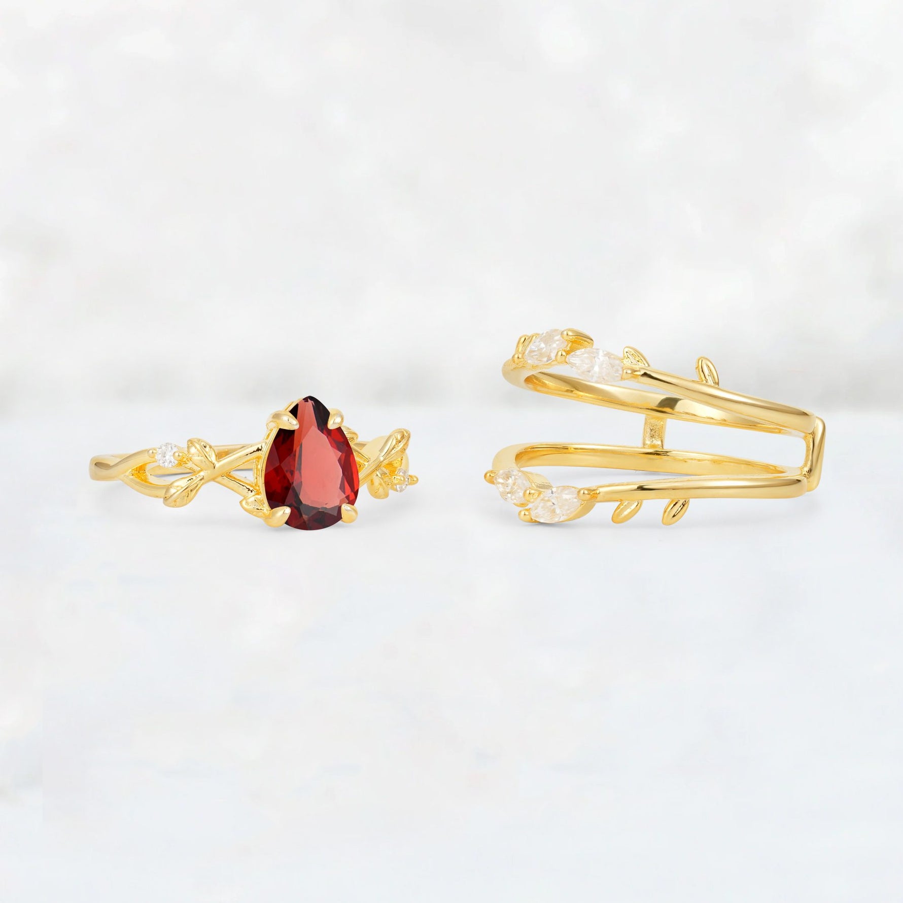 Pear Cut Garnet Leaf Vine Bridal Ring Set - Additional view