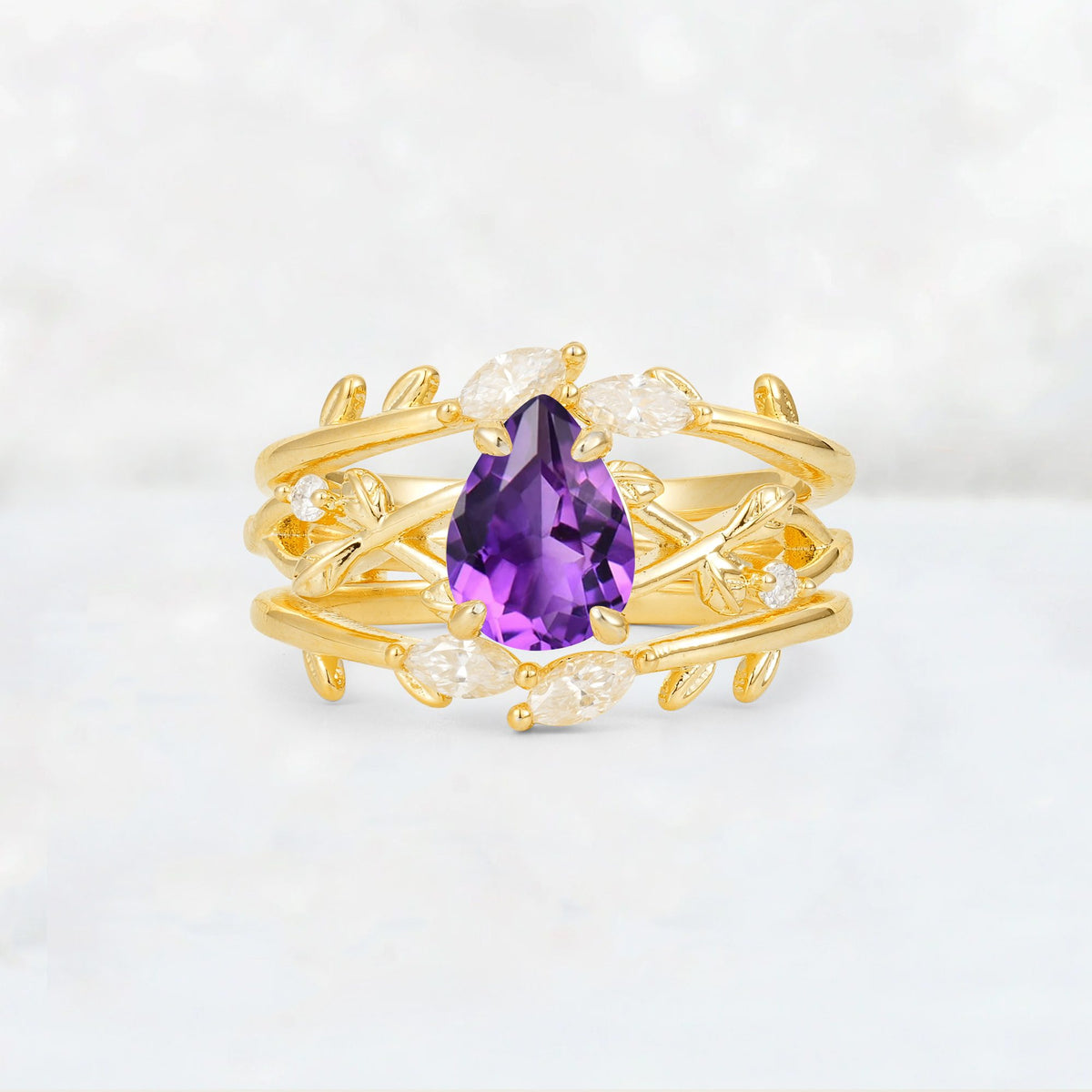 Pear Cut Amethyst Leaf Vine Bridal Ring Set - Yellow-Gold