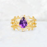 Pear Cut Amethyst Leaf Vine Bridal Ring Set - Yellow-Gold