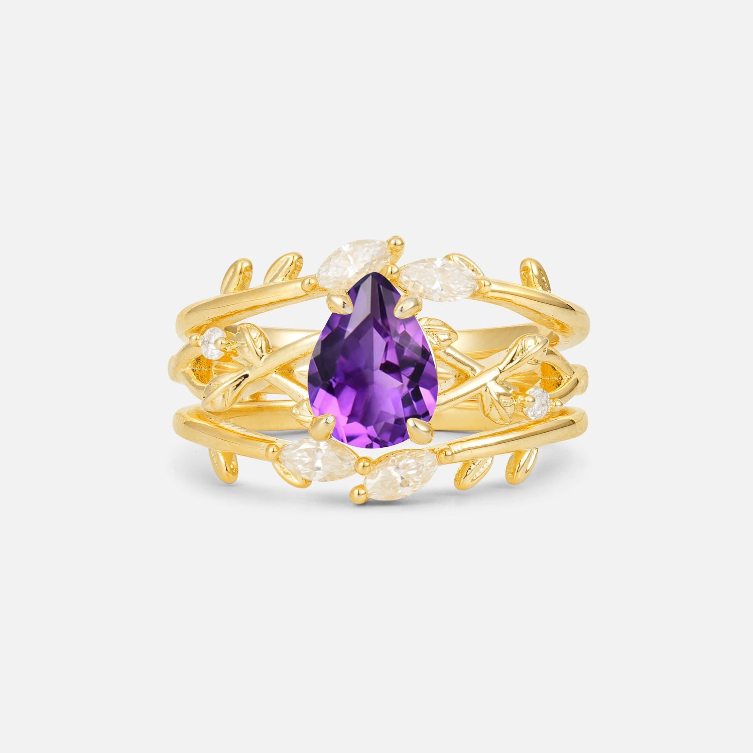 Pear Cut Amethyst Leaf Vine Bridal Ring Set - Yellow-Gold