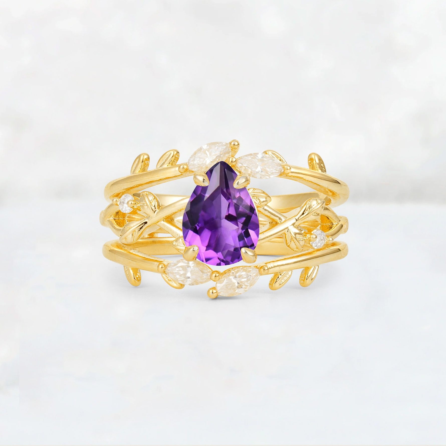 Pear Cut Amethyst Leaf Vine Bridal Ring Set - Yellow-Gold