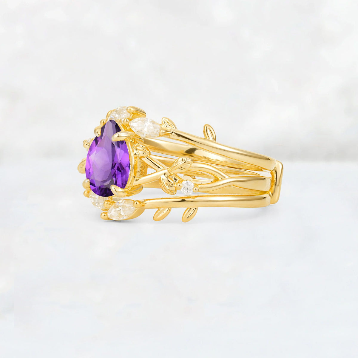Pear Cut Amethyst Leaf Vine Bridal Ring Set - Rose-Gold