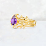 Pear Cut Amethyst Leaf Vine Bridal Ring Set - Rose-Gold