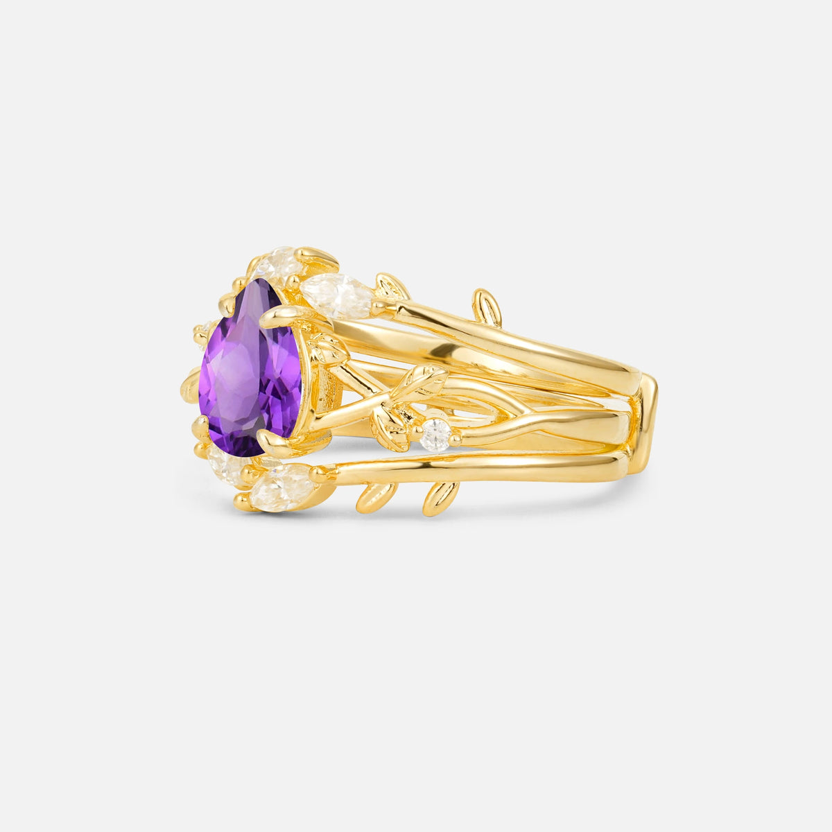 Pear Cut Amethyst Leaf Vine Bridal Ring Set - Rose-Gold