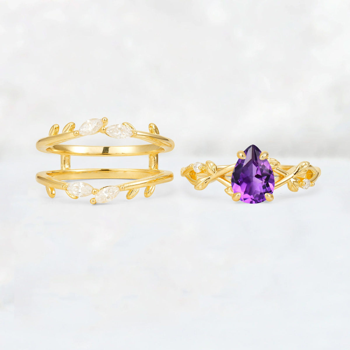Pear Cut Amethyst Leaf Vine Bridal Ring Set - White-Gold