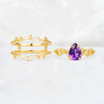 Pear Cut Amethyst Leaf Vine Bridal Ring Set - White-Gold