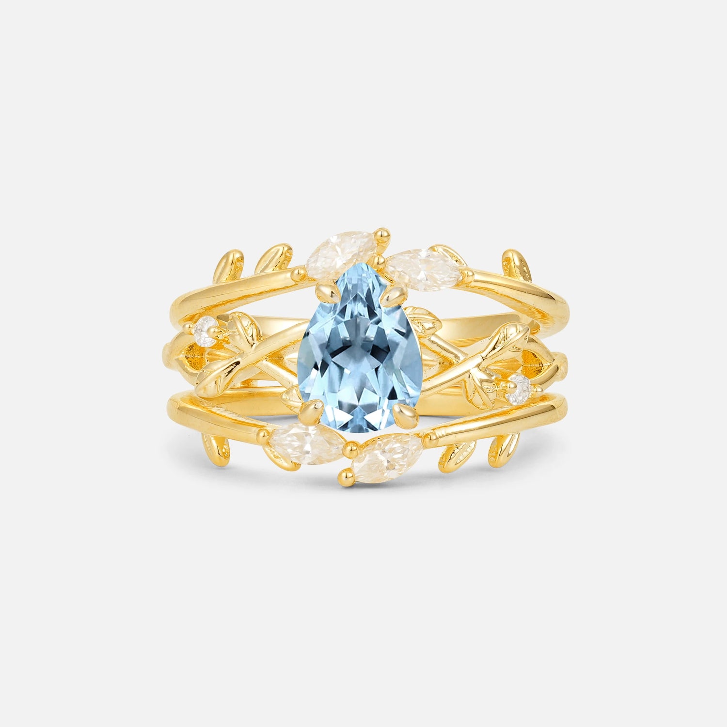 Pear Cut Aquamarine Leaf Vine Bridal Ring Set - Yellow-Gold