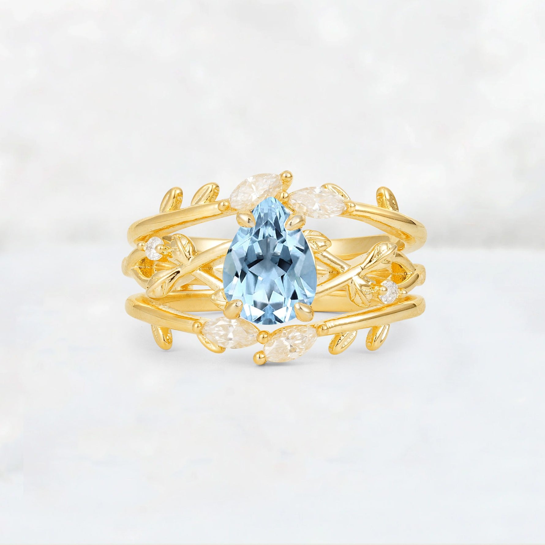 Pear Cut Aquamarine Leaf Vine Bridal Ring Set - Yellow-Gold