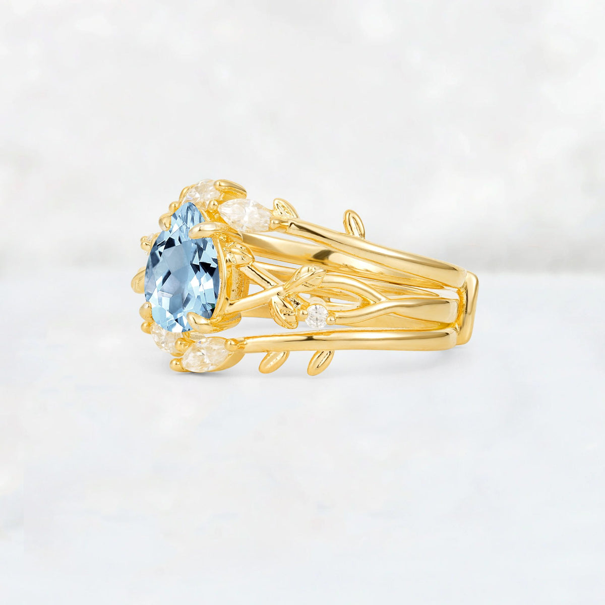 Pear Cut Aquamarine Leaf Vine Bridal Ring Set - Rose-Gold