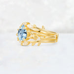 Pear Cut Aquamarine Leaf Vine Bridal Ring Set - Rose-Gold