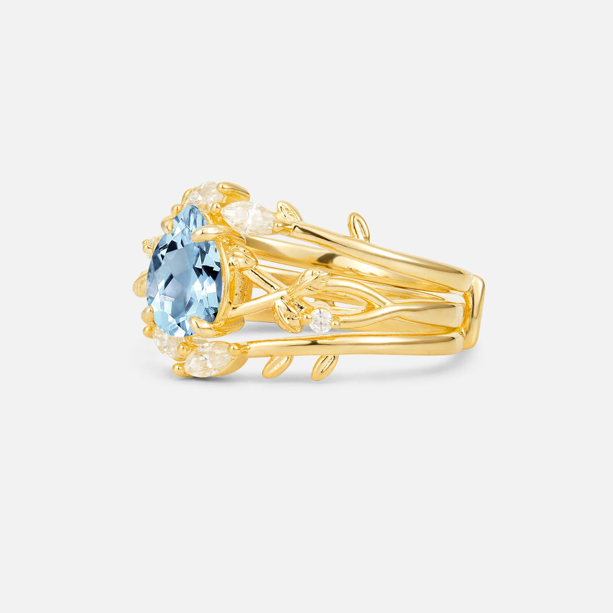 Pear Cut Aquamarine Leaf Vine Bridal Ring Set - Rose-Gold