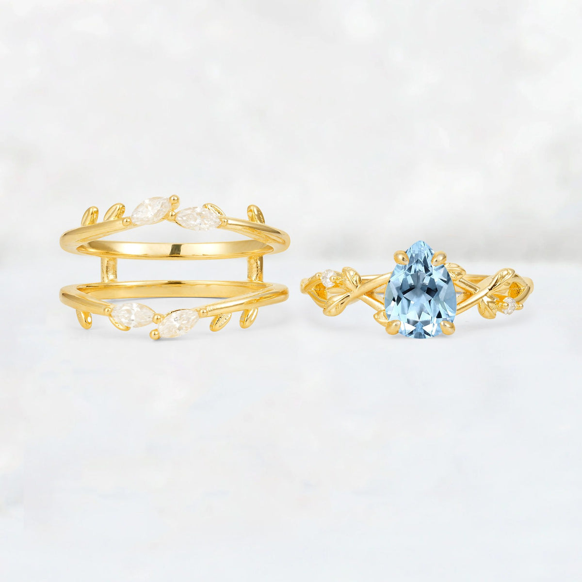 Pear Cut Aquamarine Leaf Vine Bridal Ring Set - White-Gold