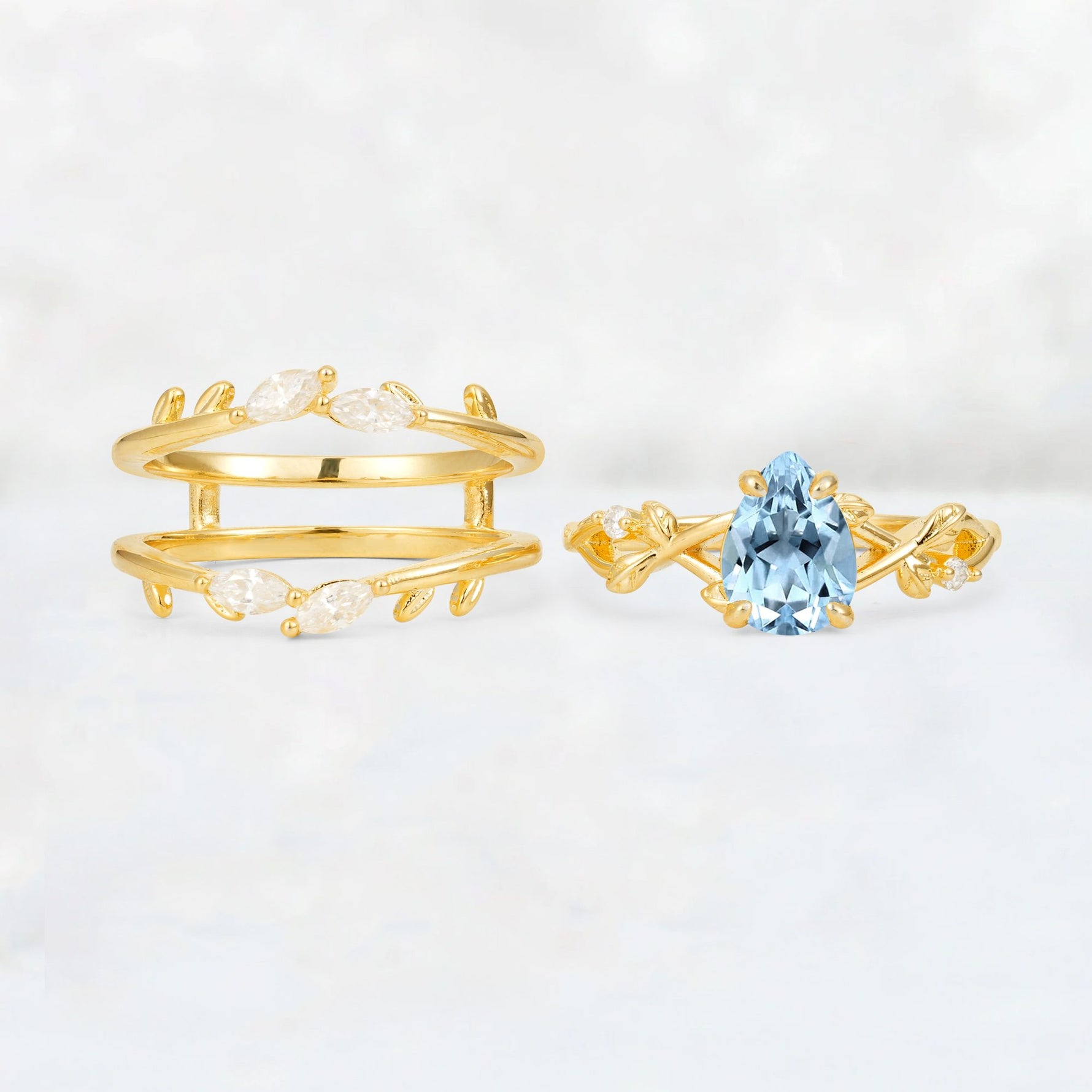 Pear Cut Aquamarine Leaf Vine Bridal Ring Set - White-Gold