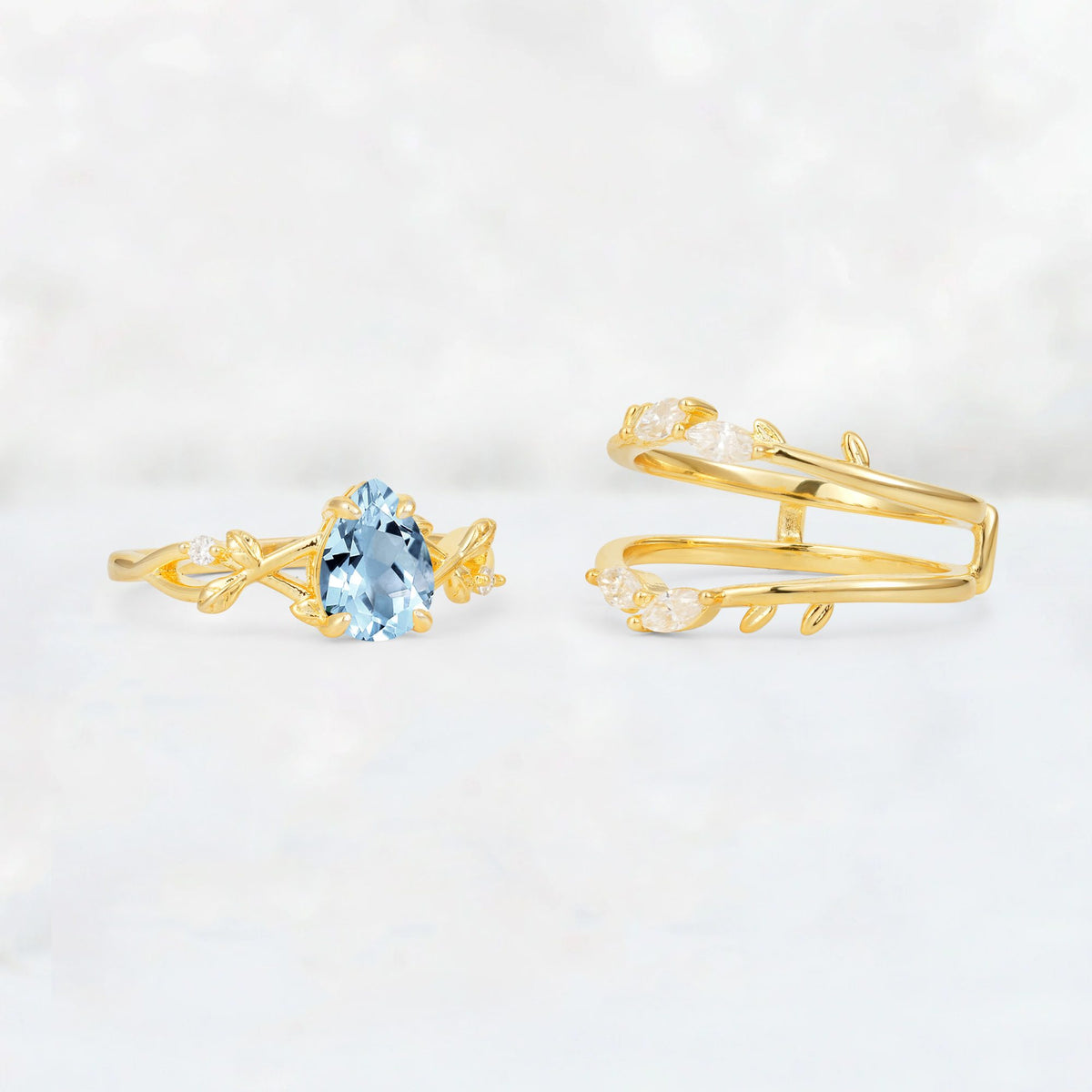 Pear Cut Aquamarine Leaf Vine Bridal Ring Set - Additional view
