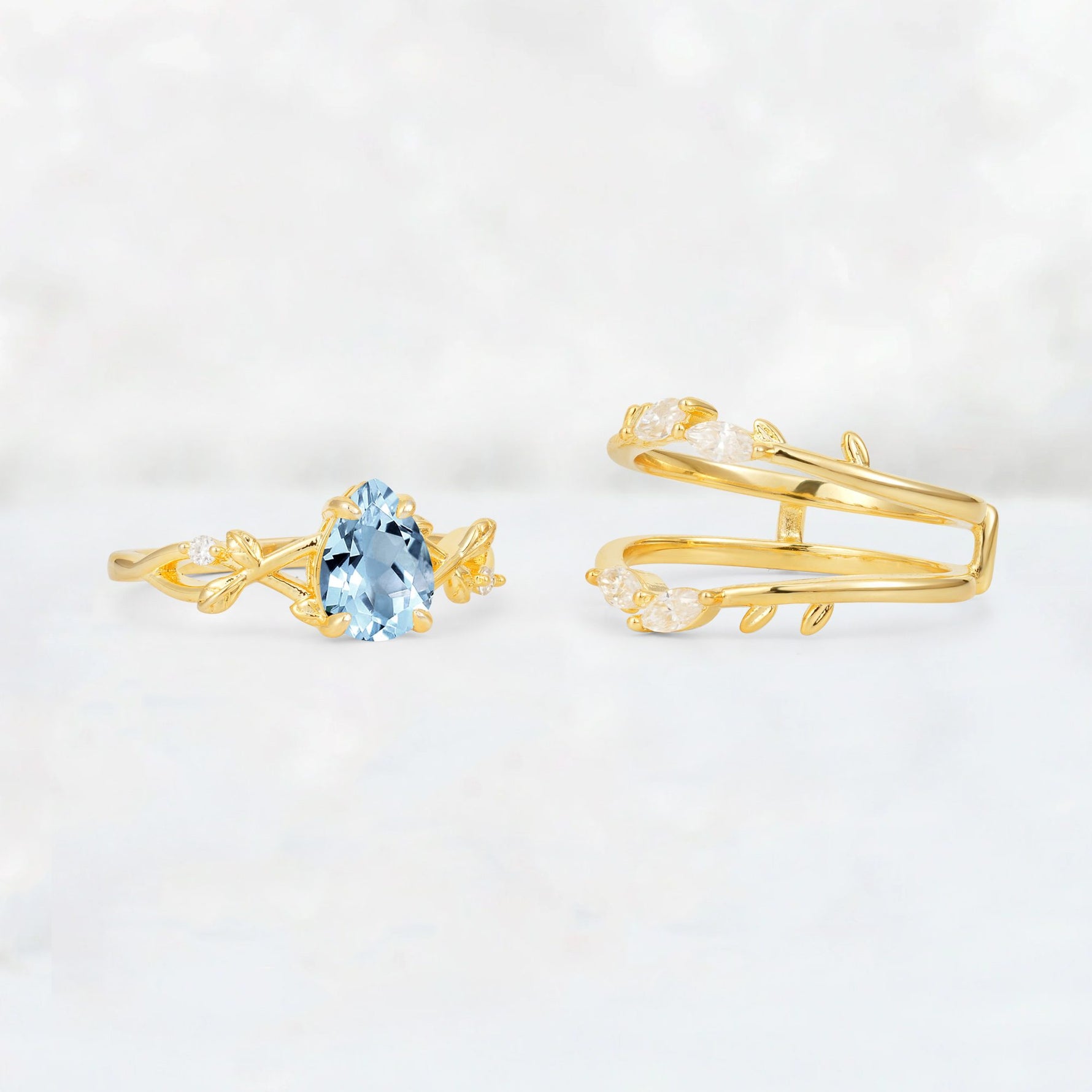 Pear Cut Aquamarine Leaf Vine Bridal Ring Set - Additional view
