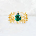 Pear Cut Emerald Leaf Vine Bridal Ring Set - Yellow-Gold