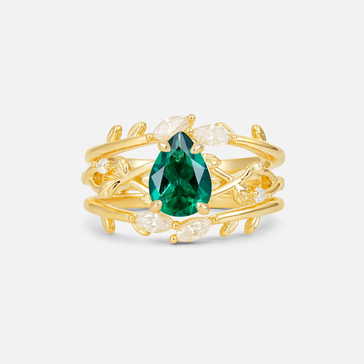 Pear Cut Emerald Leaf Vine Bridal Ring Set - Yellow-Gold