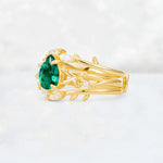 Pear Cut Emerald Leaf Vine Bridal Ring Set - Rose-Gold