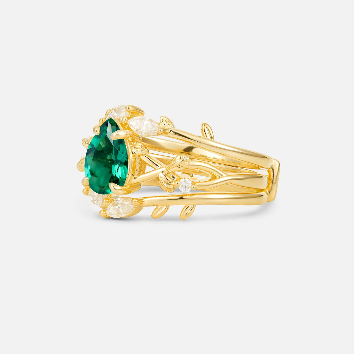 Pear Cut Emerald Leaf Vine Bridal Ring Set - Rose-Gold