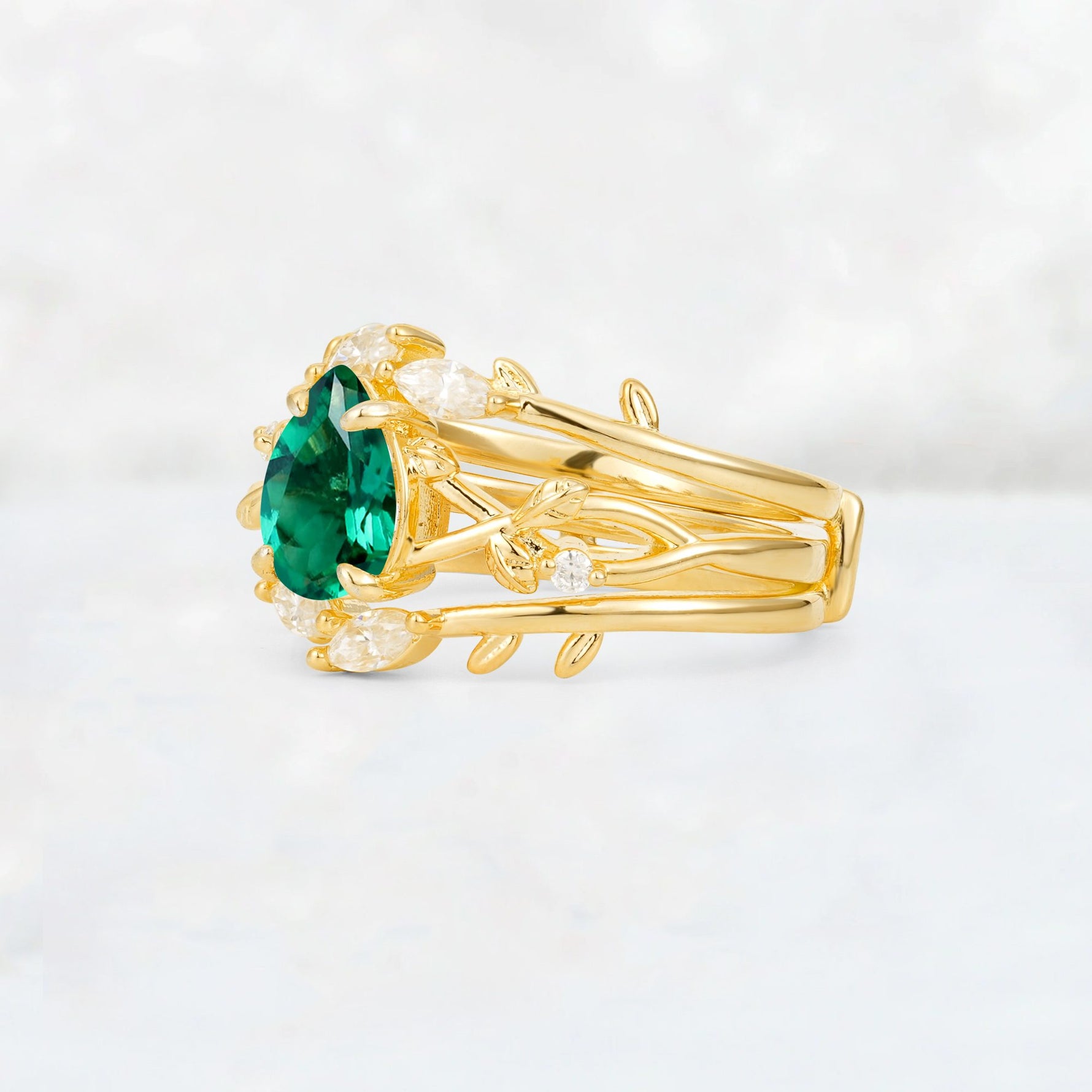 Pear Cut Emerald Leaf Vine Bridal Ring Set - Rose-Gold