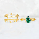 Pear Cut Emerald Leaf Vine Bridal Ring Set - White-Gold