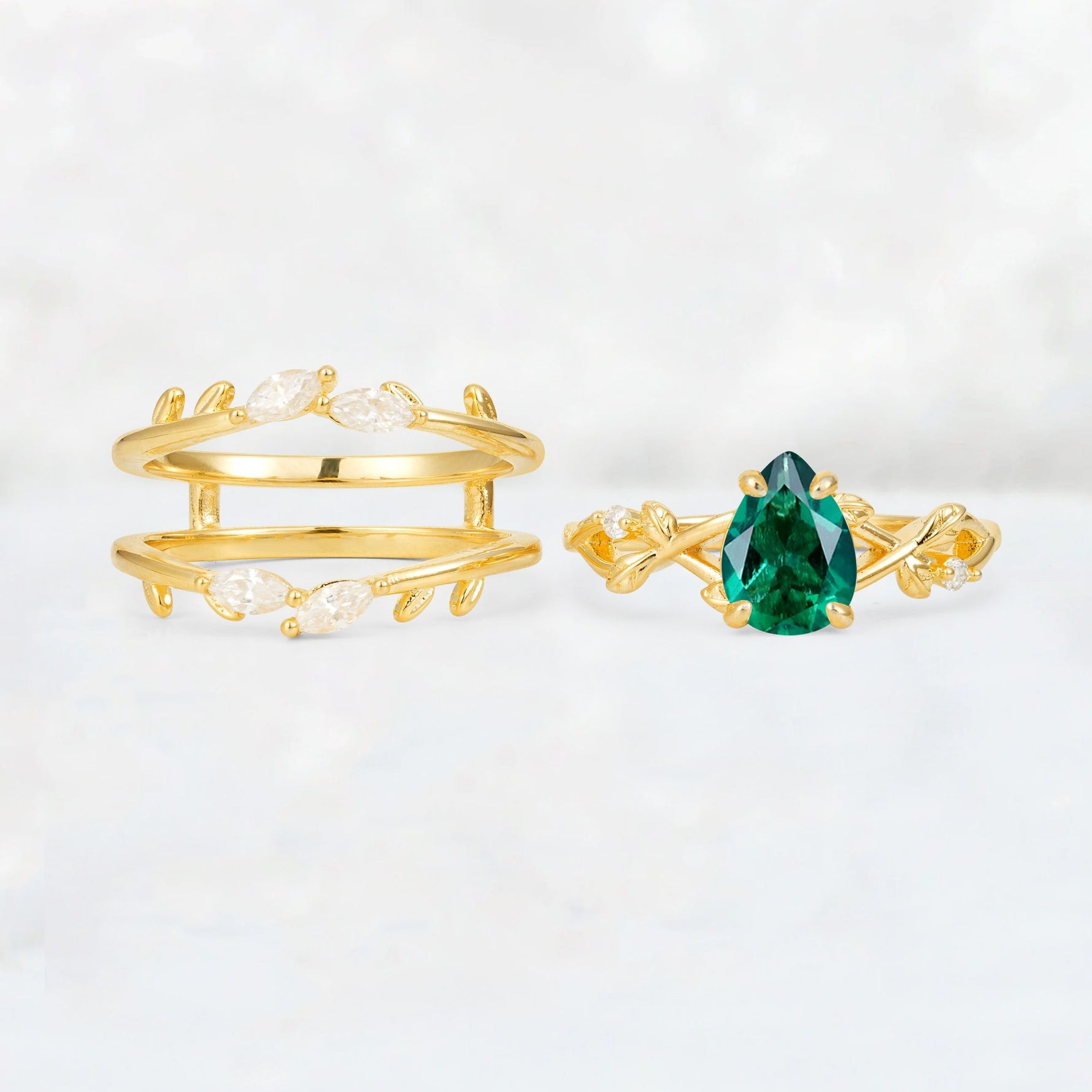 Pear Cut Emerald Leaf Vine Bridal Ring Set - White-Gold