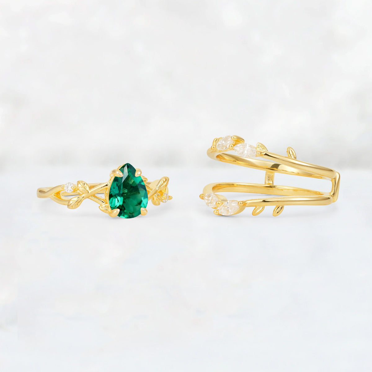 Pear Cut Emerald Leaf Vine Bridal Ring Set - Additional view