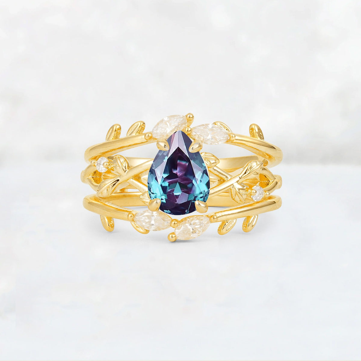 Pear Cut Alexandrite Leaf Vine Bridal Ring Set - Yellow-Gold