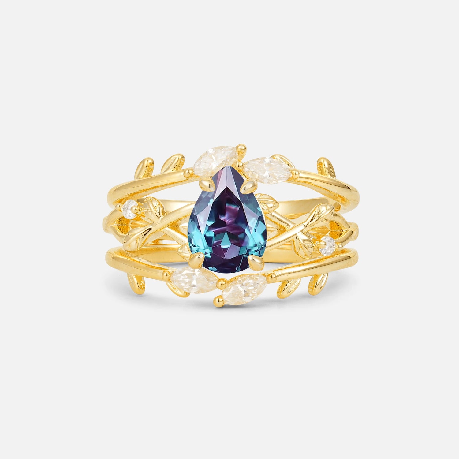 Pear Cut Alexandrite Leaf Vine Bridal Ring Set - Yellow-Gold