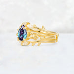 Pear Cut Alexandrite Leaf Vine Bridal Ring Set - Rose-Gold