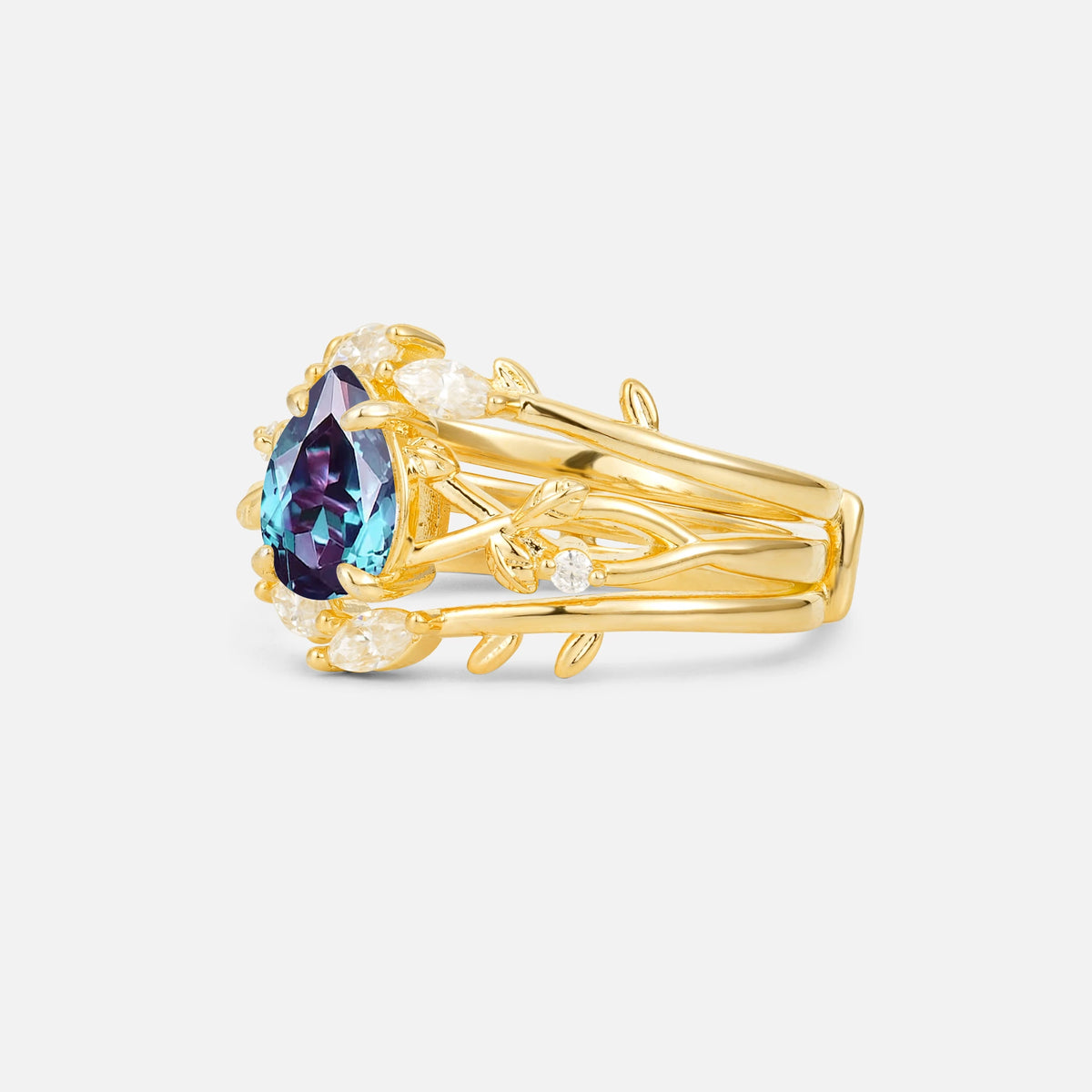 Pear Cut Alexandrite Leaf Vine Bridal Ring Set - Rose-Gold