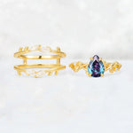 Pear Cut Alexandrite Leaf Vine Bridal Ring Set - White-Gold