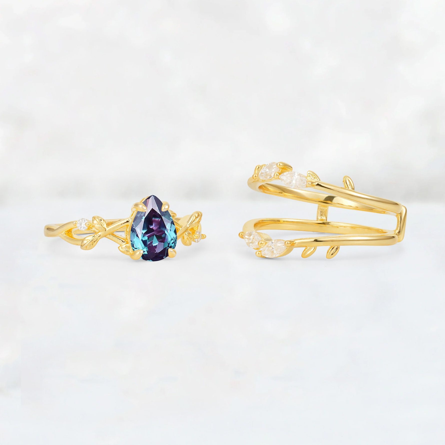Pear Cut Alexandrite Leaf Vine Bridal Ring Set - Additional view