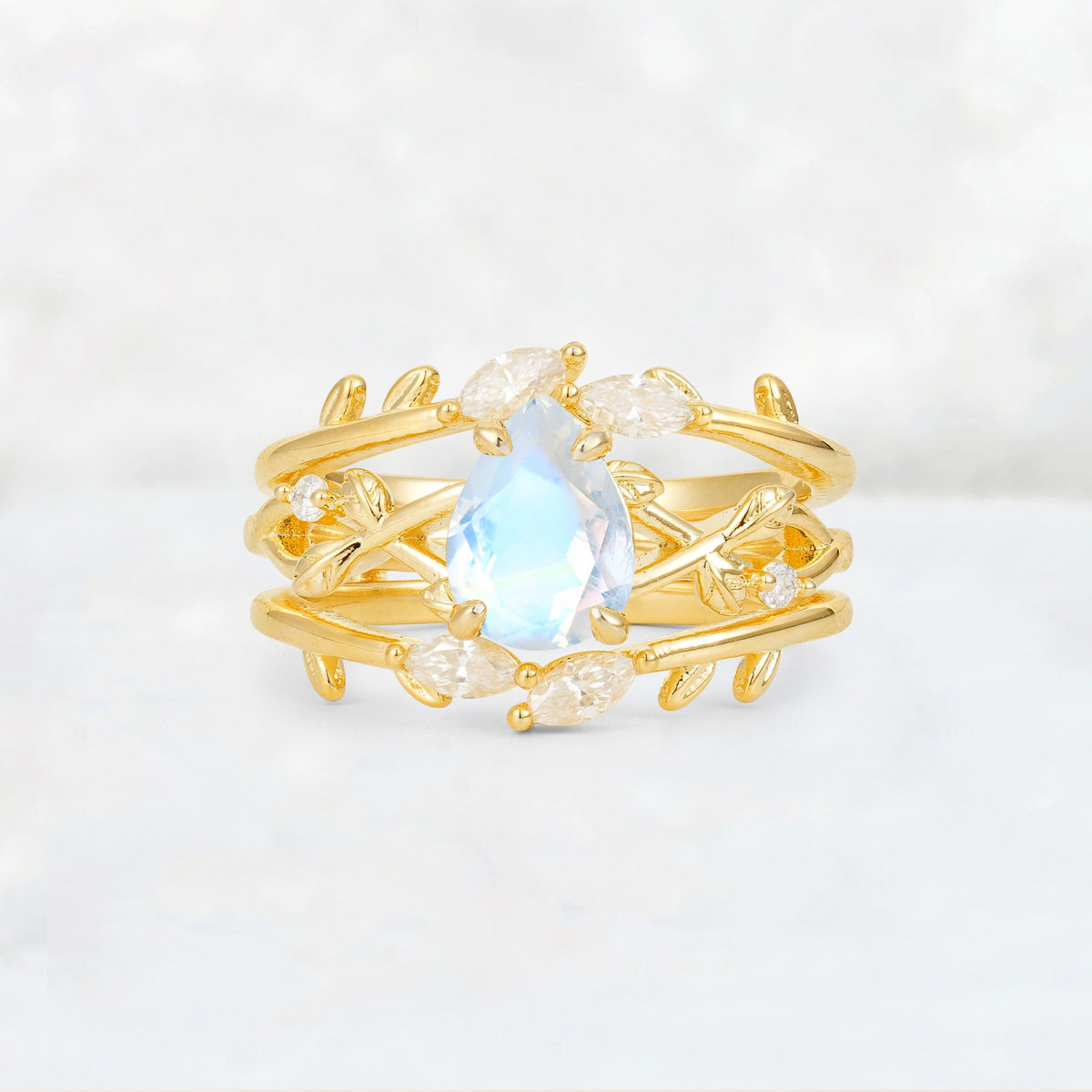 Pear Cut Moonstone Leaf Vine Bridal Ring Set - Yellow-Gold