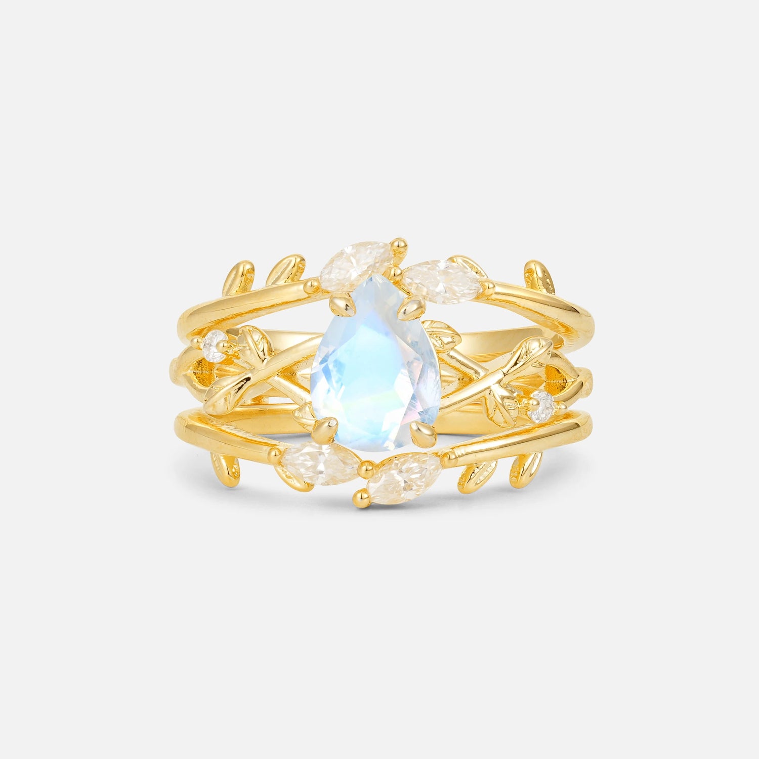 Pear Cut Moonstone Leaf Vine Bridal Ring Set - Yellow-Gold