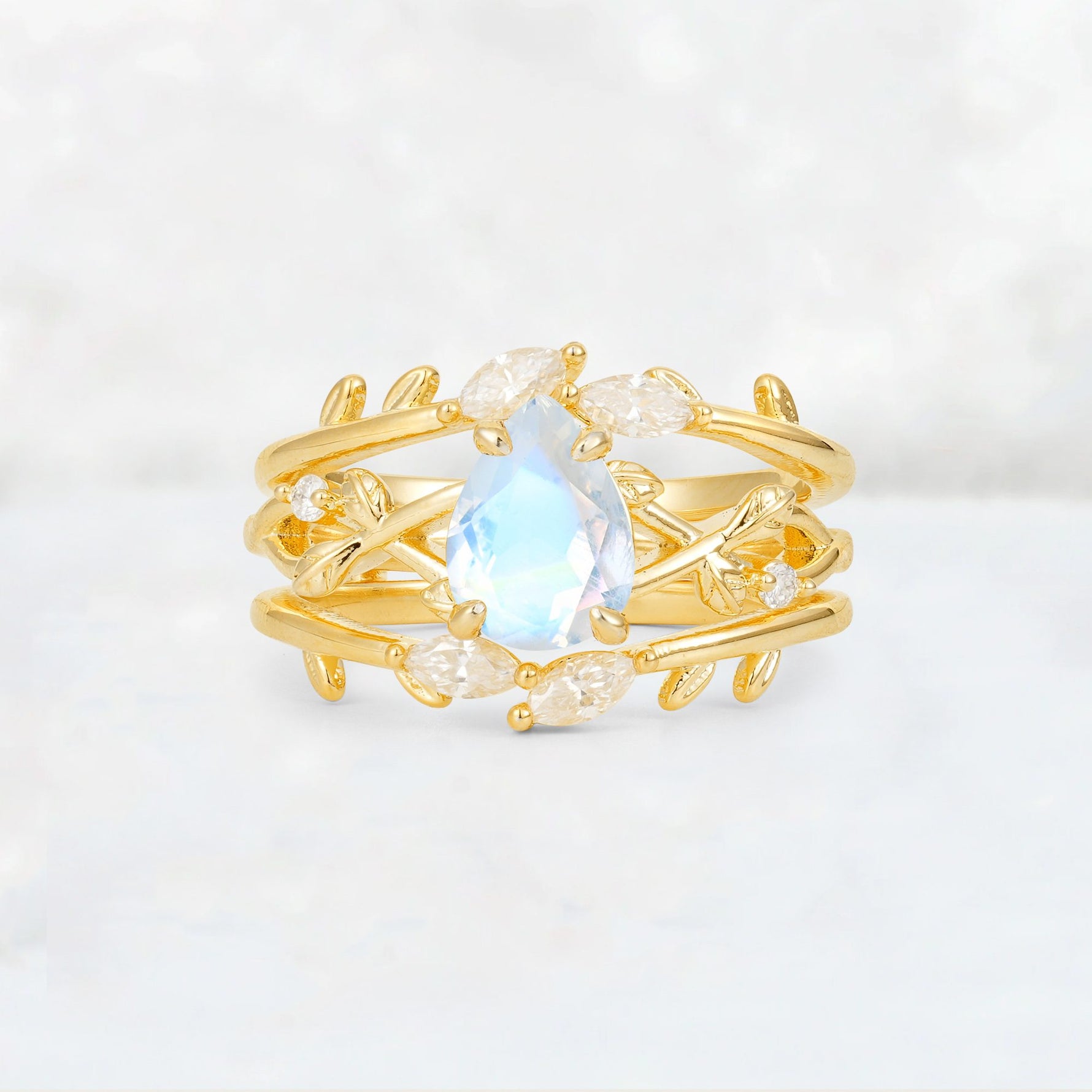 Pear Cut Moonstone Leaf Vine Bridal Ring Set - Yellow-Gold