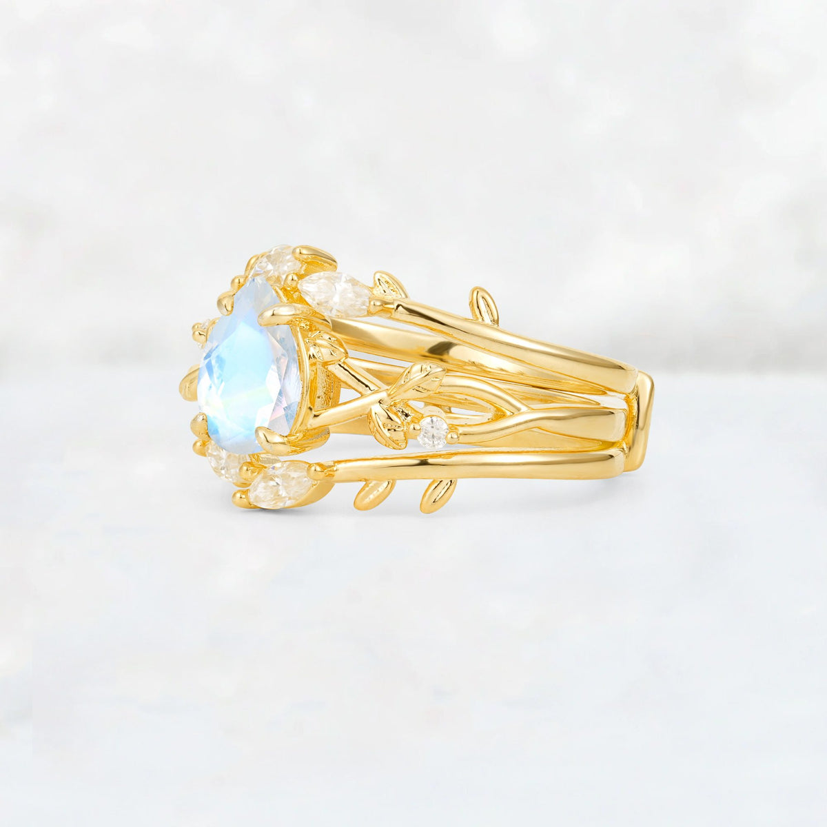 Pear Cut Moonstone Leaf Vine Bridal Ring Set - Rose-Gold