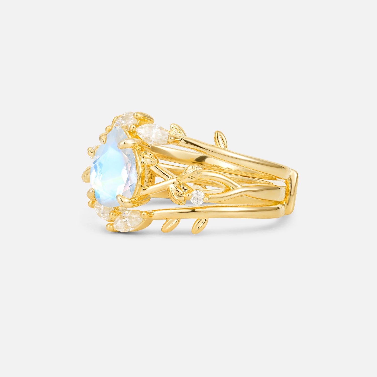 Pear Cut Moonstone Leaf Vine Bridal Ring Set - Rose-Gold