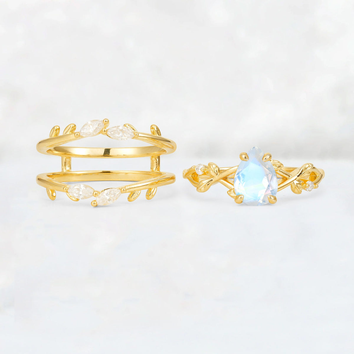 Pear Cut Moonstone Leaf Vine Bridal Ring Set - White-Gold