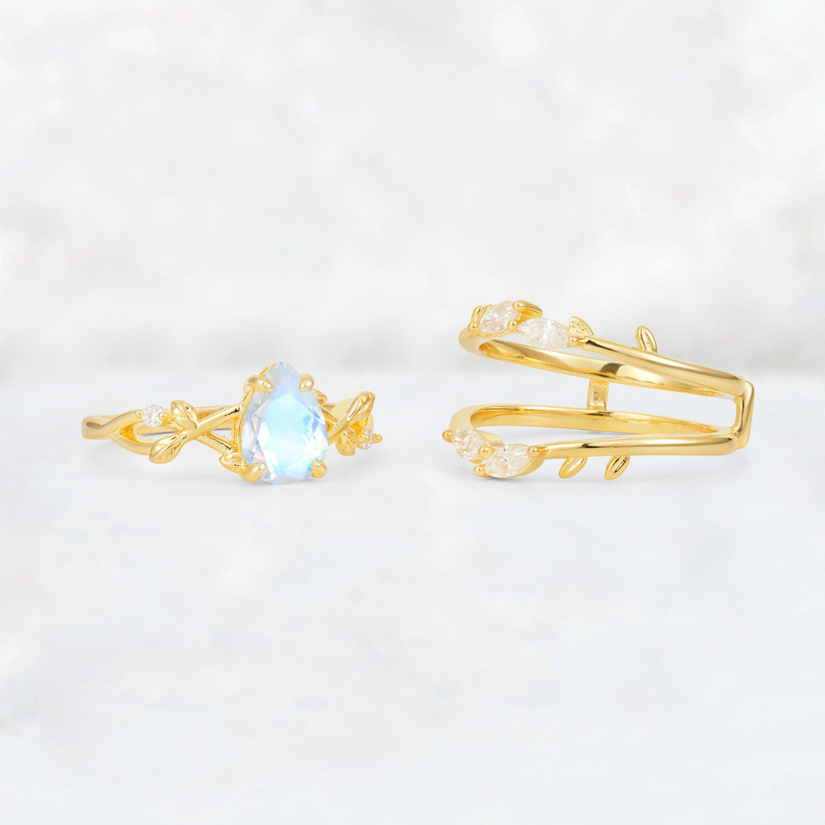 Pear Cut Moonstone Leaf Vine Bridal Ring Set - Additional view