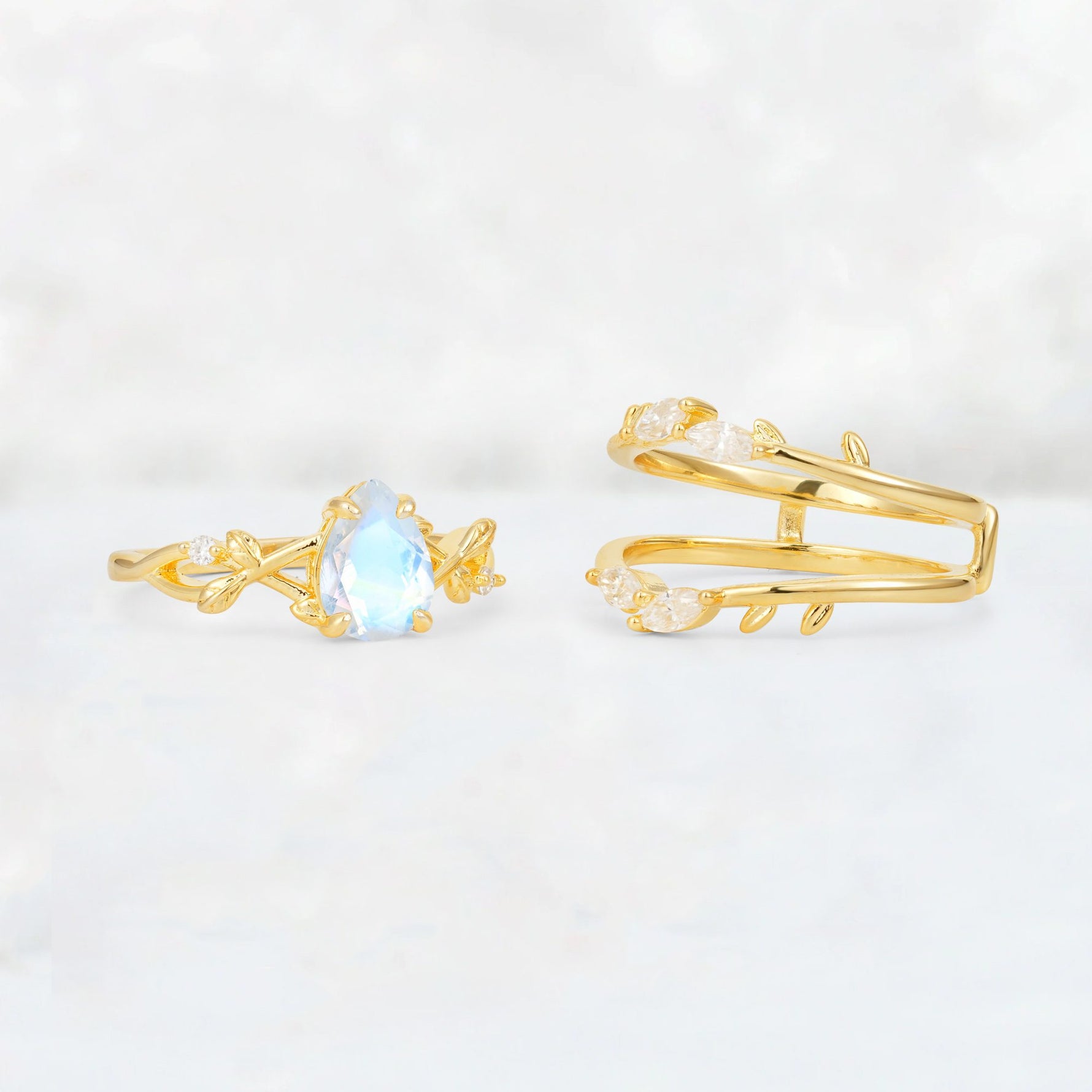 Pear Cut Moonstone Leaf Vine Bridal Ring Set - Additional view