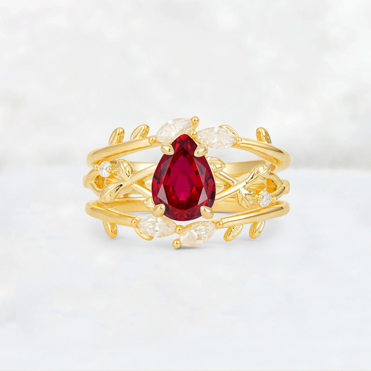 Pear Cut Ruby Leaf Vine Bridal Ring Set - Yellow-Gold