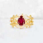 Pear Cut Ruby Leaf Vine Bridal Ring Set - Yellow-Gold