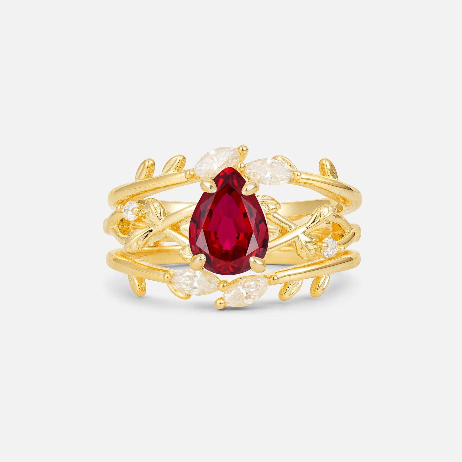 Pear Cut Ruby Leaf Vine Bridal Ring Set - Yellow-Gold