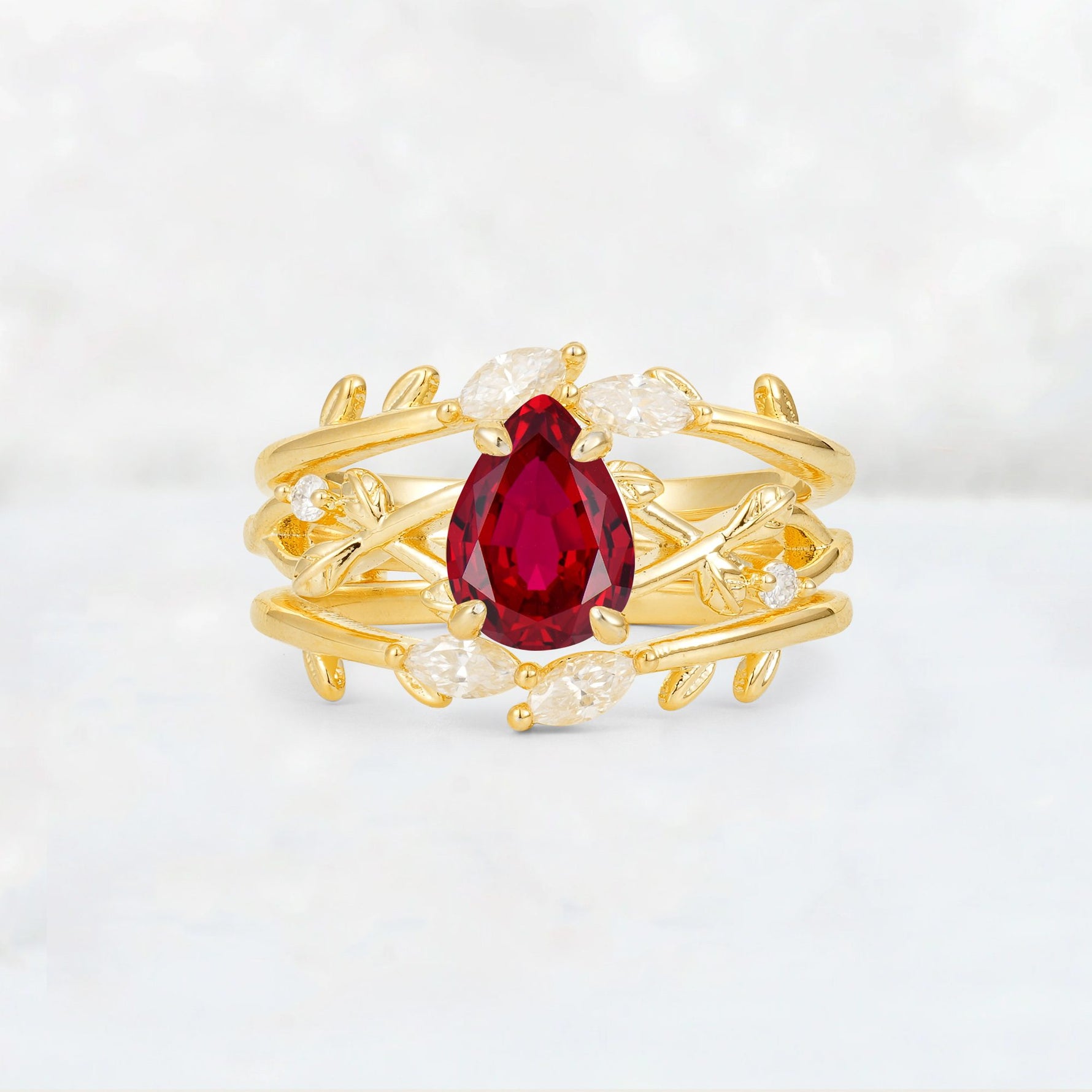 Pear Cut Ruby Leaf Vine Bridal Ring Set - Yellow-Gold